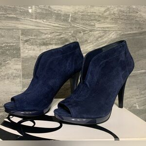 Women's Navy Suede Peep-Toe Stiletto Booties